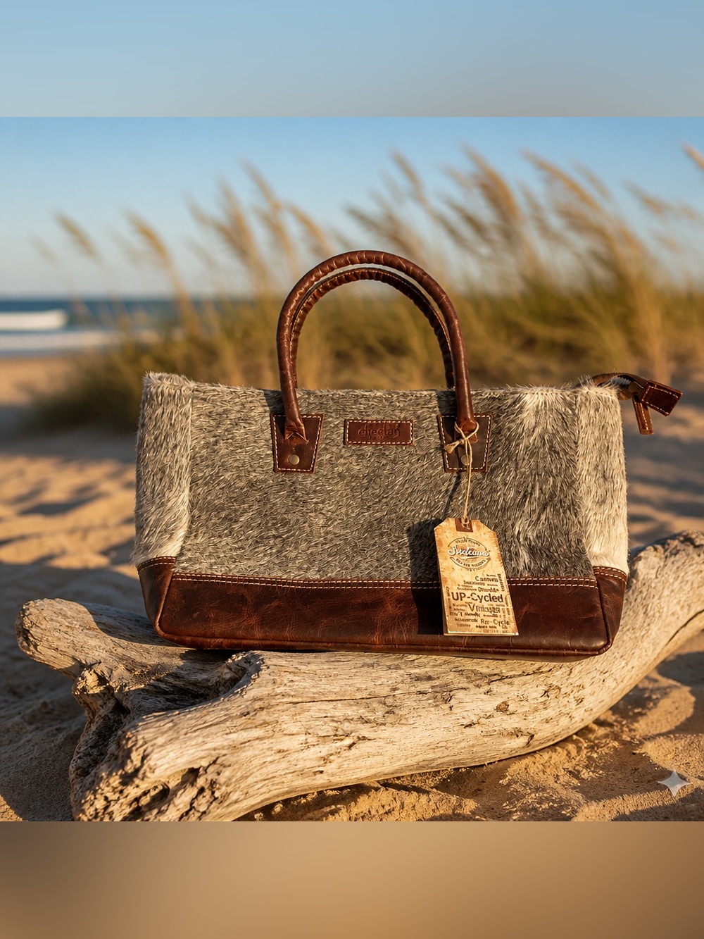 Leather Satchel Bag - Brown and Gray